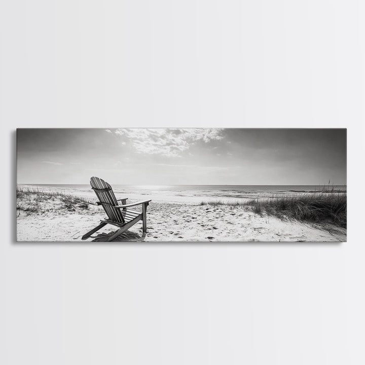 Coastal Chair, Black White, Seaside Decor, Beach Life, Framed Canvas Print, Coastal wall art, minimalist art, neutral tones, coastal room