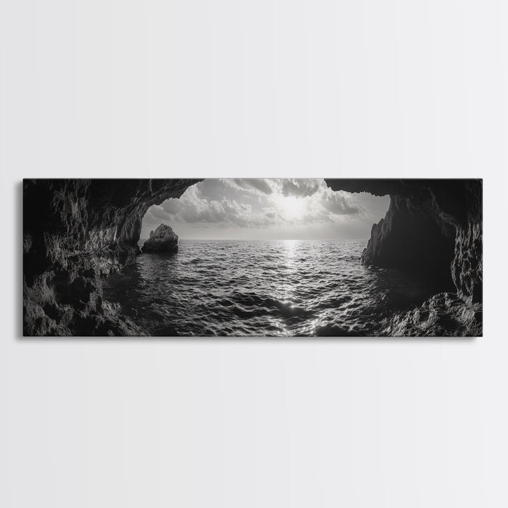 Ocean Cave, Horizon View, Seascape Tunnel, Sunset Waters, Framed Canvas Print, Coastal Bathroom Art, Nature Lover Gift, Minimal Decor