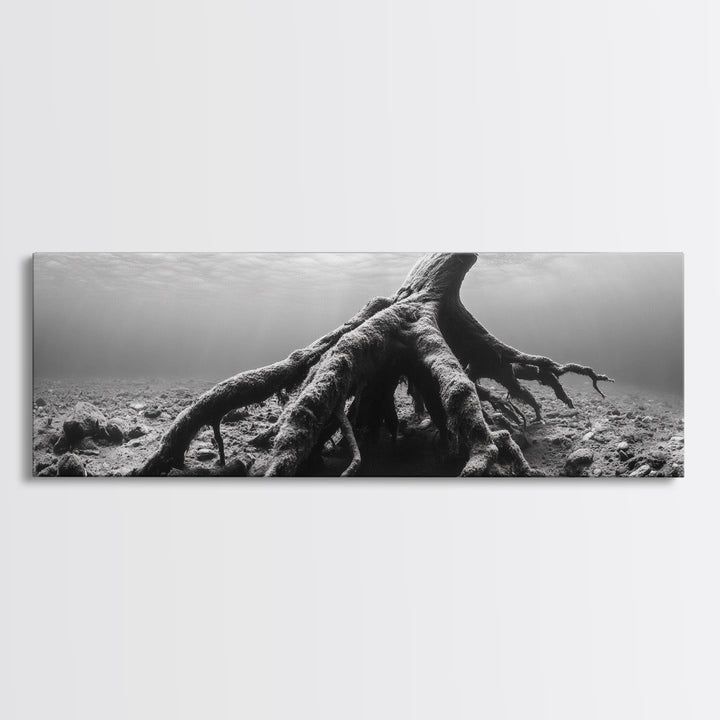 Ancient Roots, Submerged Tree, Nature Photography, Black and White, Canvas Print, Minimalist Underwater Art, Office Wall Art, Moody Decor