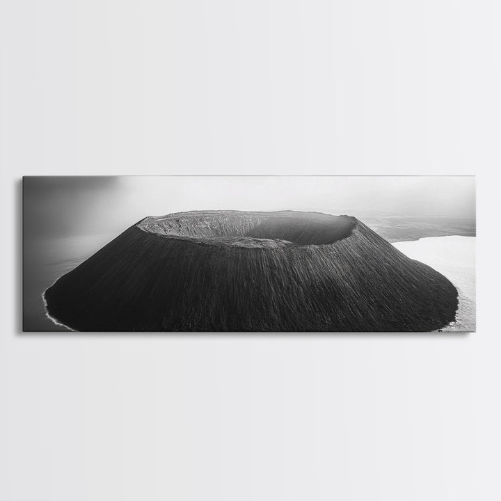 Island Volcano, Crater View, Aerial Landscape, Coastal Photography, Canvas Print, Nature Wall Decor, Bedroom Art, Monochrome Landscape