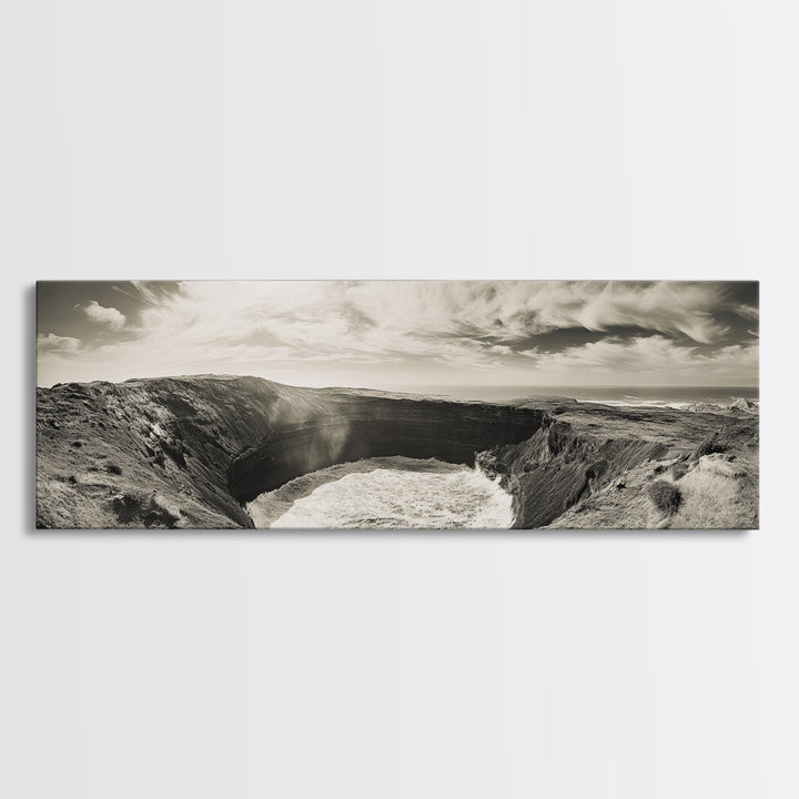 Ocean Crater, Coastal Cliff, Surreal Nature Art, Black and White Canvas Print, Gallery Wall Art, Earthy Decor, Adventure Inspired