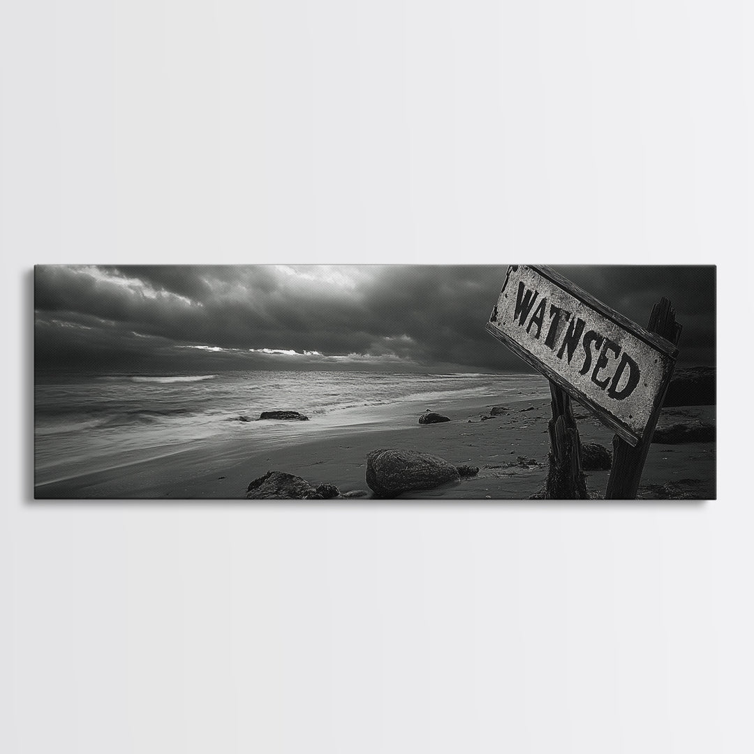 Stormy Beach, Weathered Sign, Moody Ocean, Black and White Photography, Framed Canvas Print, Coastal Gothic Wall Art, Autumn Decor
