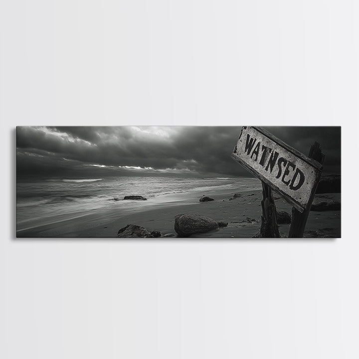 Stormy Beach, Weathered Sign, Moody Ocean, Black and White Photography, Framed Canvas Print, Coastal Gothic Wall Art, Autumn Decor