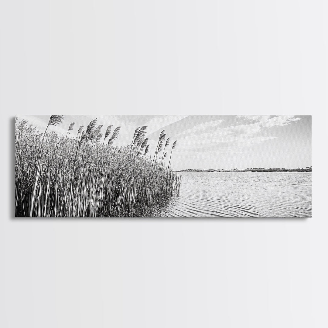 Windy Reeds, Lakeside Breeze, Natural Grass Art, Monochrome Landscape, Canvas Print, Boho Living Room Decor, Botanical Minimalist Wall Art