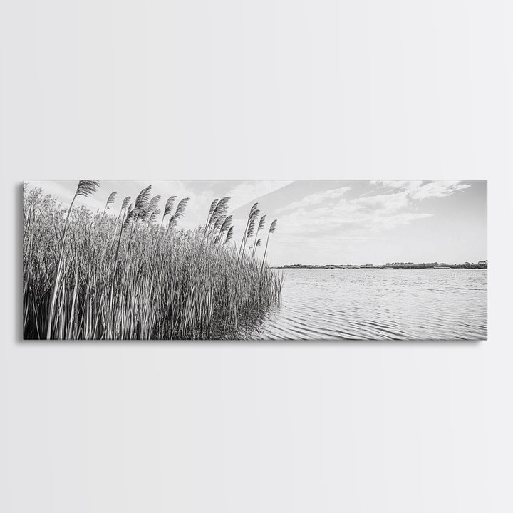 Windy Reeds, Lakeside Breeze, Natural Grass Art, Monochrome Landscape, Canvas Print, Boho Living Room Decor, Botanical Minimalist Wall Art