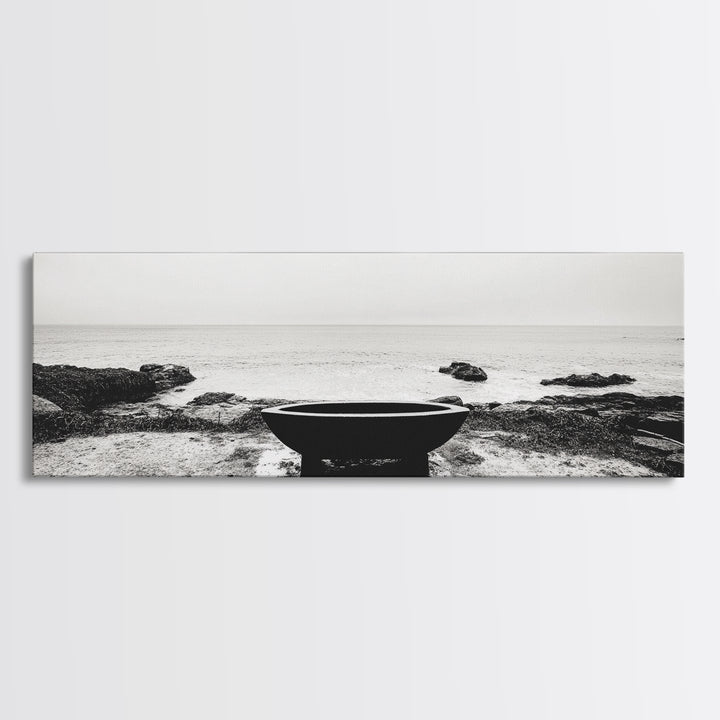 Coastal Boat, Ocean Horizon, Solitude Scene, Black and White Seascape, Canvas Print, Modern Bathroom Wall Art, Minimalist Decor