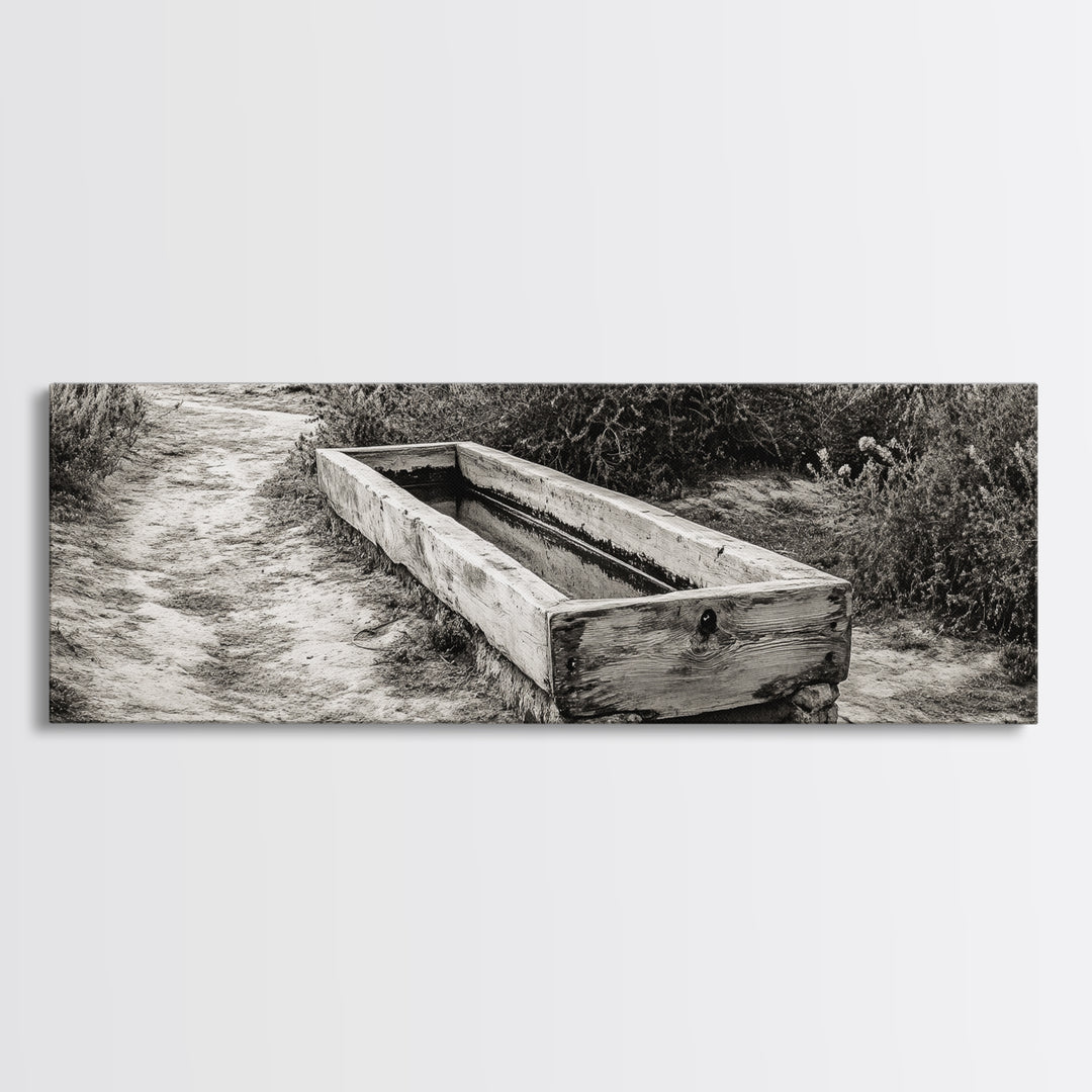 Rustic Water Trough, Nature Trail, Western Desert Scene, Framed Canvas Print, Country Farmhouse Decor, Minimalist Entryway Wall Art