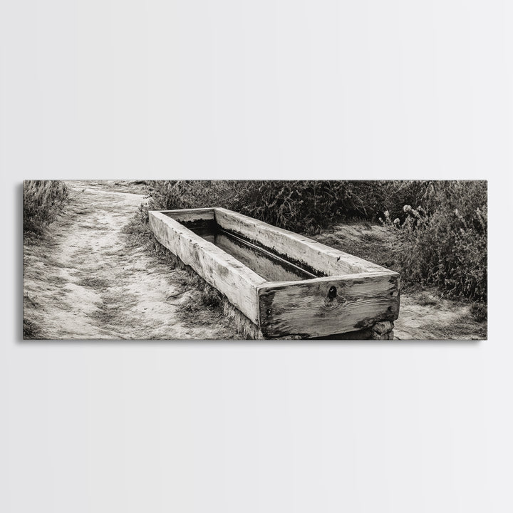 Rustic Water Trough, Nature Trail, Western Desert Scene, Framed Canvas Print, Country Farmhouse Decor, Minimalist Entryway Wall Art