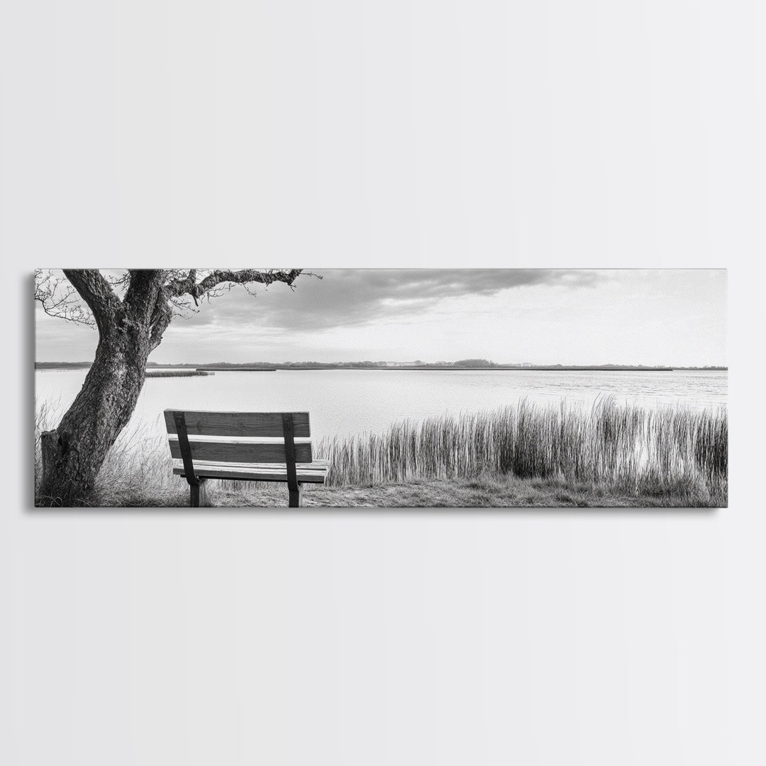 Quiet Lake Bench, Peaceful Reflection, Nature Photography, Framed Canvas Print, Serene Bedroom Decor, Minimalist Living Room Wall Art