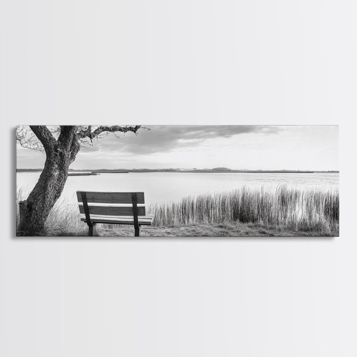 Quiet Lake Bench, Peaceful Reflection, Nature Photography, Framed Canvas Print, Serene Bedroom Decor, Minimalist Living Room Wall Art