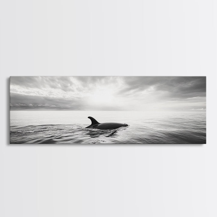 Ocean Sunset Orca, Tranquil Whale Scene, Marine Wildlife, Canvas Print, Minimalist Bathroom Decor, Coastal Bedroom Wall Art