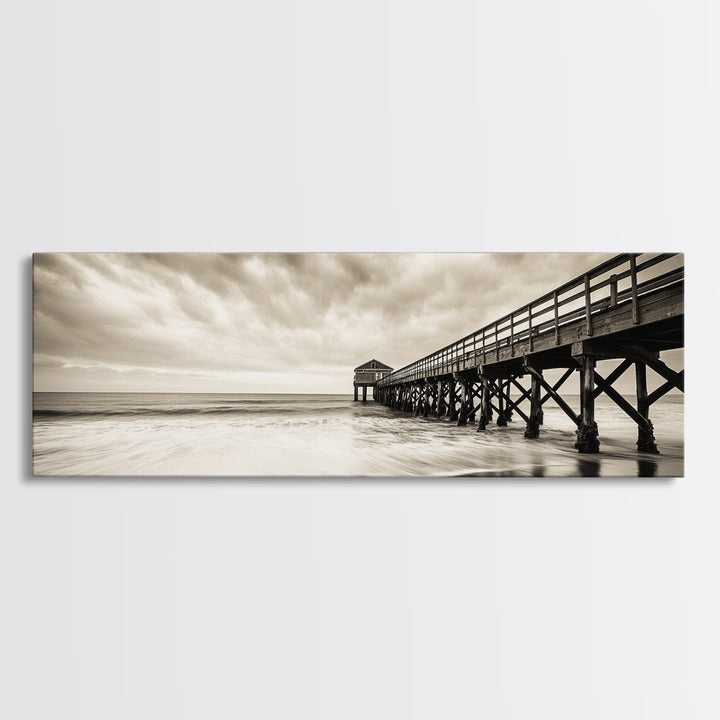Pier at Dusk, Ocean Boardwalk, Stormy Beach Horizon, Framed Canvas Print, Moody Coastal Wall Art, Nautical Living Room Decor