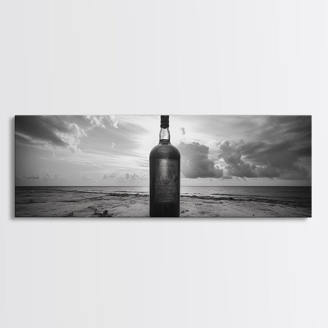 Whiskey on Beach, Bottle Seascape, Moody Coastal Still Life, Canvas Print, Masculine Bar Wall Art, Rustic Living Room Accent Piece