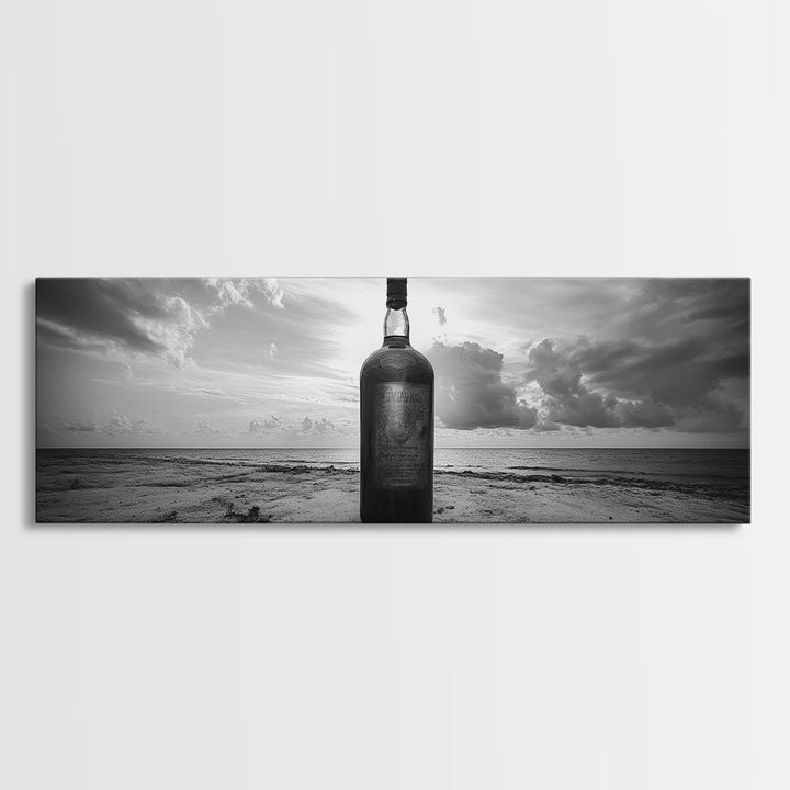 Whiskey on Beach, Bottle Seascape, Moody Coastal Still Life, Canvas Print, Masculine Bar Wall Art, Rustic Living Room Accent Piece