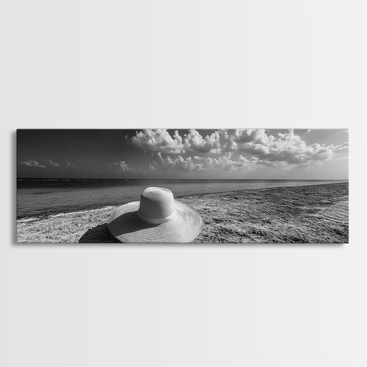 Beach Hat Scene, Coastal Escape, Sunny Seaside Moment, Framed Canvas Print, Modern Boho Bedroom Art, Summer Inspired Wall Decor