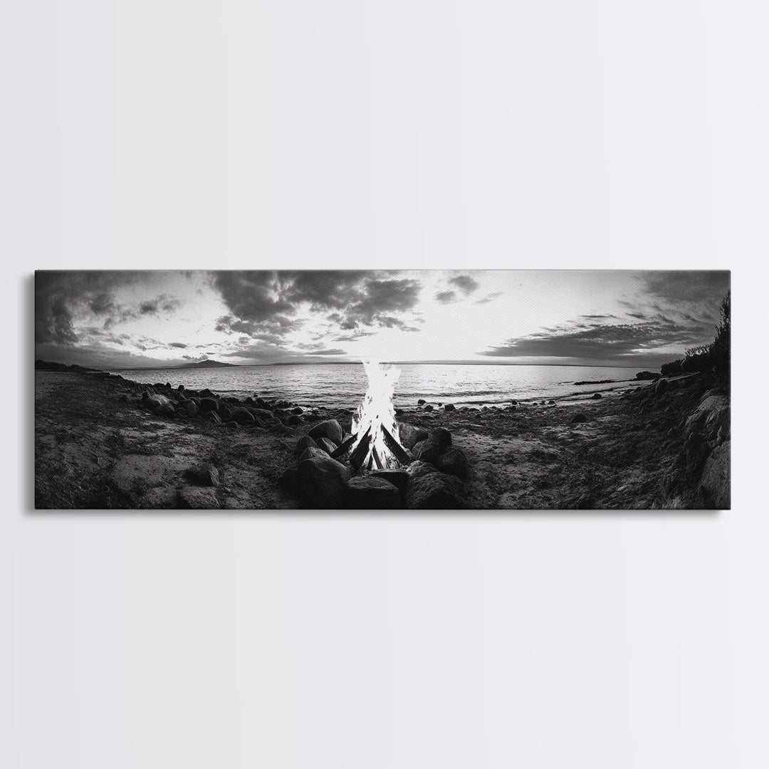 Seaside Fire, Coastal Camp, Black White, Night Shore, Framed Canvas Print, Fall decor, rustic outdoor art, cozy cabin wall art, man cave