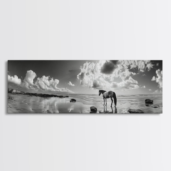 Beach Horse Reflection, Coastal Freedom, Wild Spirit Scene, Framed Canvas Print, Western Bathroom Art, Minimalist Beach House Decor