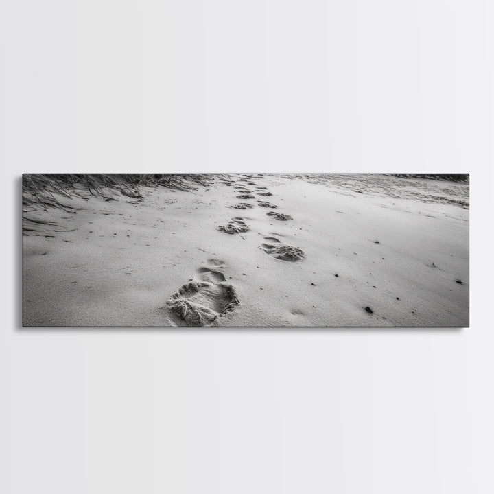 Beach Footprints, Sandy Path, Seaside Steps, Reflective Moment, Canvas Print, Minimalist Bathroom Wall Art, Tranquil Coastal Decor