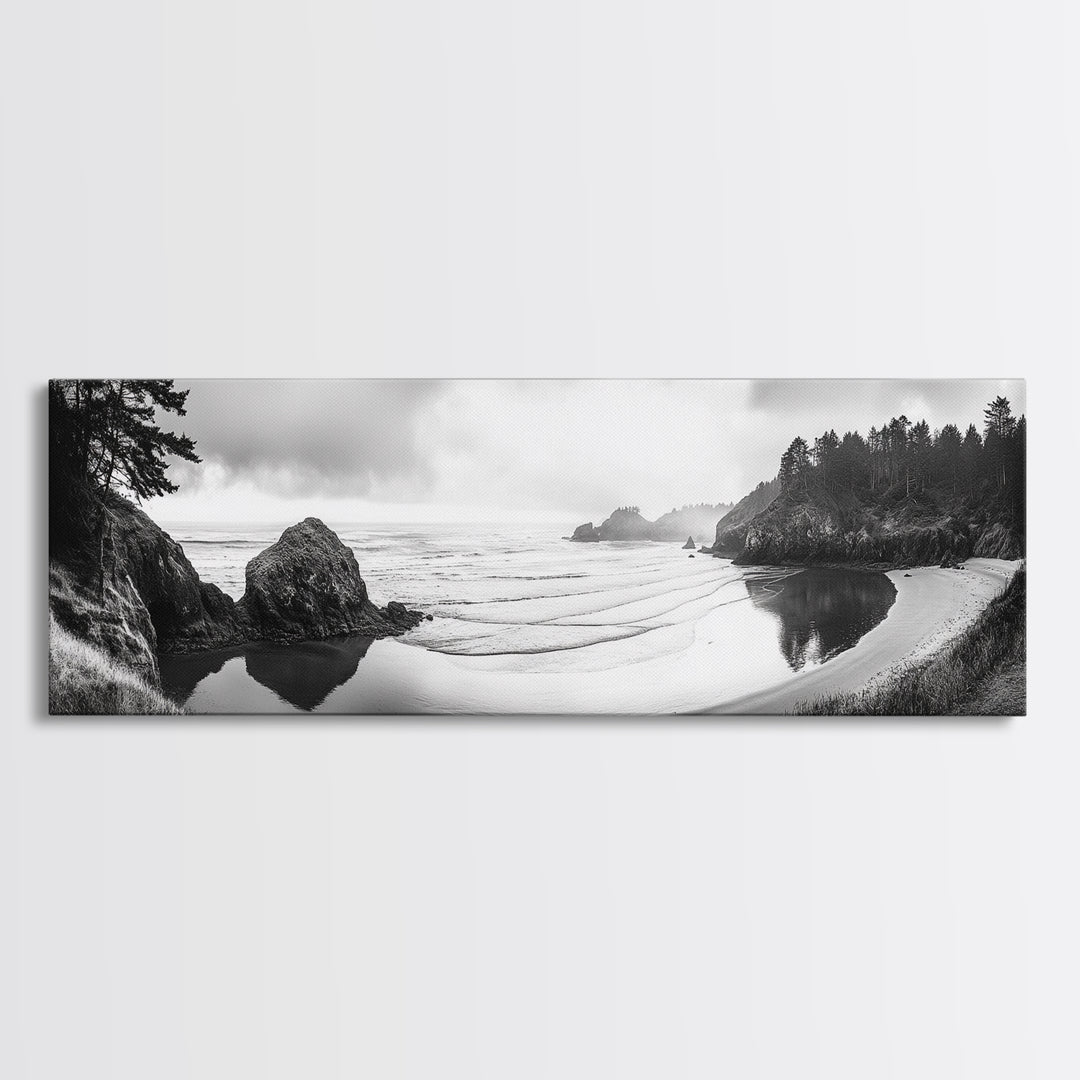 Forest Beach, Pacific Coast, Morning Mist, Tranquil Cove, Framed Canvas Print, Rustic Cabin Wall Art, Nature Landscape Photography