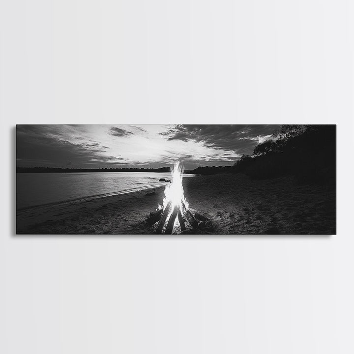 Beach Bonfire, Sunset Glow, Autumn Shoreline, Firelight Sky, Canvas Print, Fall beach decor, cozy wall art, rustic art, lake house style