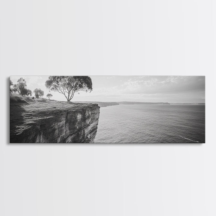 Coastal Cliff Tree, Ocean Horizon, Nature Photography, Framed Canvas Print, Minimalist Wall Art, Living Room Decor, Modern Landscape