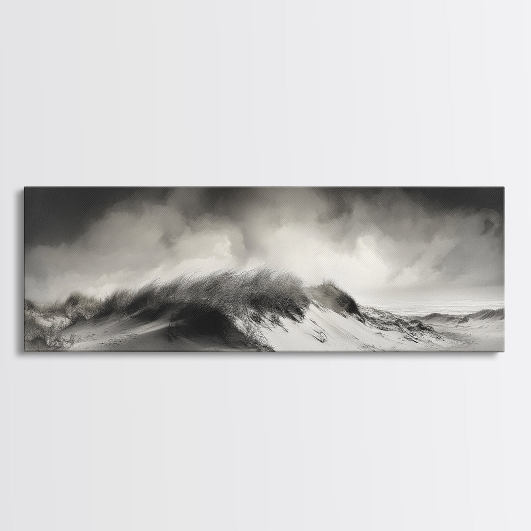 Sand Dune Storm, Coastal Winds, Black and White Nature, Framed Canvas Print, Neutral Wall Art, Hallway Decor, Minimalist Style