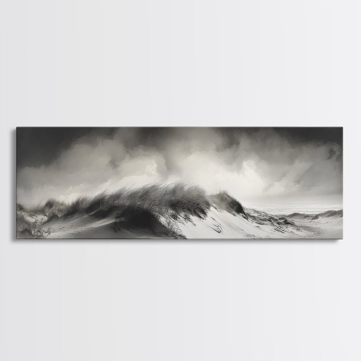 Sand Dune Storm, Coastal Winds, Black and White Nature, Framed Canvas Print, Neutral Wall Art, Hallway Decor, Minimalist Style