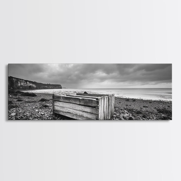 Rocky Beach, Driftwood Crate, Stormy Sky Seascape, Framed Canvas Print, Coastal Rustic Decor, Bathroom Wall Art, Monochrome Style