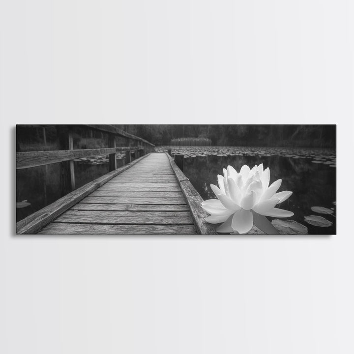 Water Lily, Peaceful Pond, Wooden Dock, Framed Canvas Print, Zen Wall Art, Meditation Room Decor, Black and White Nature Art