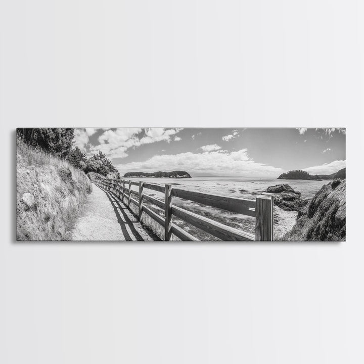 Coastal Fence Path, Island View, Ocean Trail, Framed Canvas Print, Bright Scenic Art, Living Room Decor, Seaside Landscape Vibe