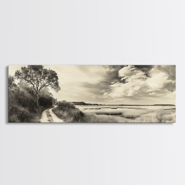 Country Road, Marshland Meadow, Lone Tree Landscape, Framed Canvas Print, Rustic Fall Wall Art, Entryway Decor, Neutral Nature Style