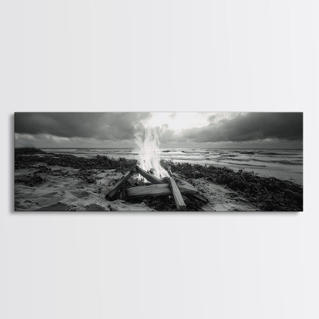 Driftwood Fire, Coastal Sky, Ocean Mood, Fall Campfire, Framed Canvas Print, rustic lake decor, bohemian fireplace art, nature wall accent
