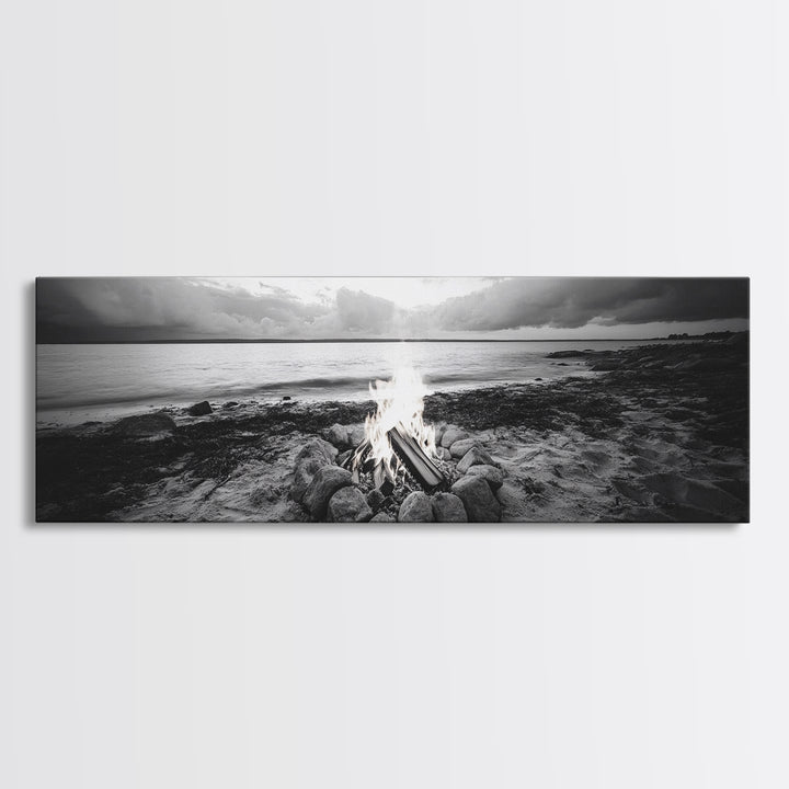 Campfire Circle, Shoreline Fire, Beach Rocks, Autumn Mood, Canvas Print, rustic Fall art, outdoor living decor, lakeside art, coastal art