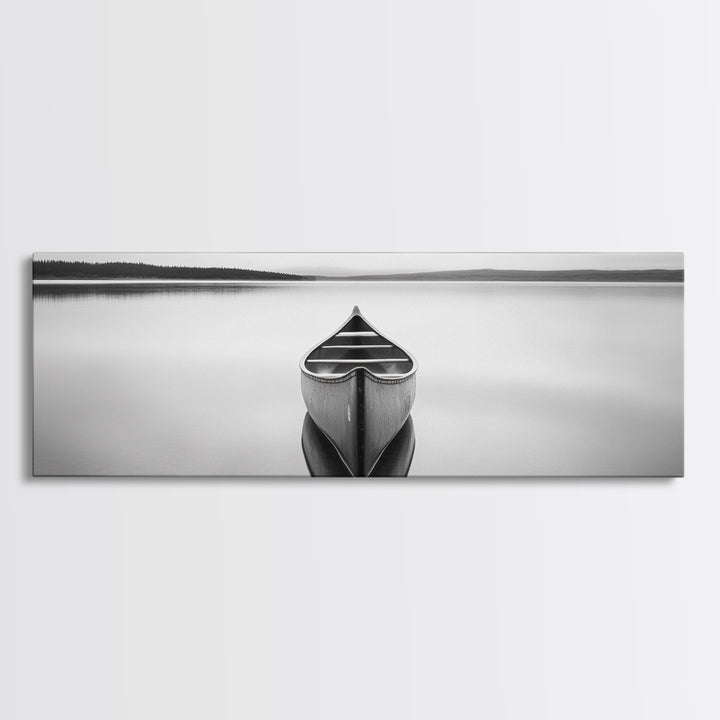 Still Canoe, Lake Mirror, Serene Water, Monochrome Boat, Framed Canvas Print, minimalist wall art, peaceful bedroom decor, boho lake style