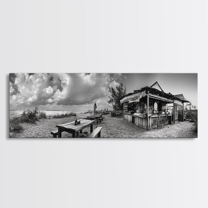 Beachside Bar Scene, Rustic Cafe, Ocean Picnic, Cloudy Sky, Framed Canvas Print, Coastal Kitchen Wall Art, Boho Bar Decor