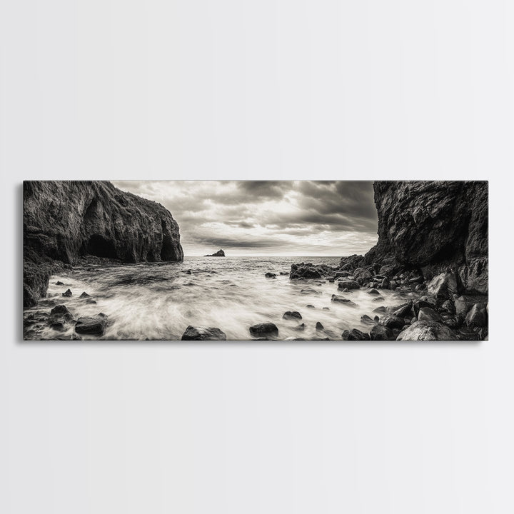 Rocky Shore Escape, Ocean Cliffside, Wild Coast, Moody Sky, Framed Canvas Print, Modern Bathroom Art, Nature Lover Decor