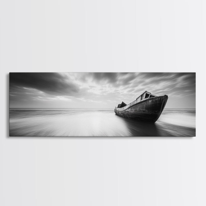 Abandoned Shipwreck, Ocean Ghost Boat, Moody Horizon, Dramatic Sky, Framed Canvas Print, Dark Nautical Art, Hallway Statement Piece