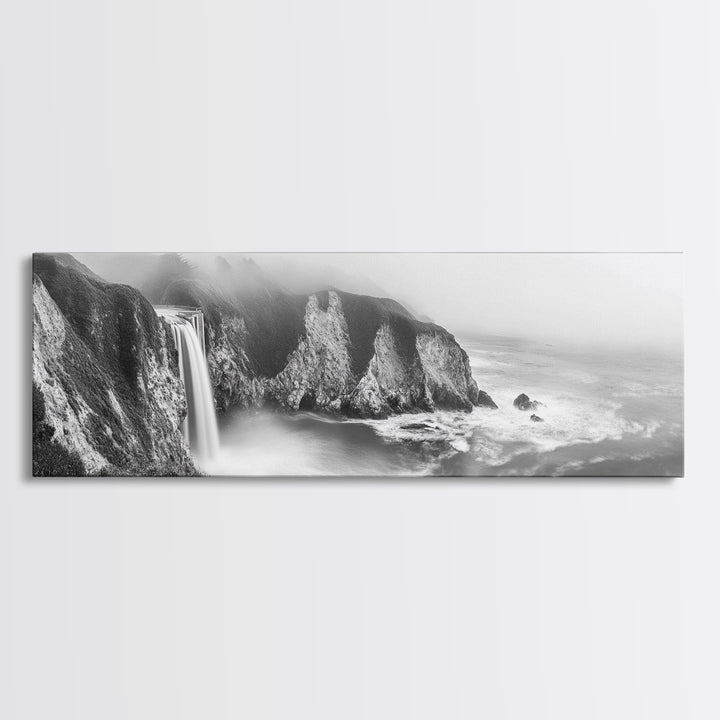 Cliffside Waterfall Coast, Misty Ocean Falls, Dramatic Drop, Nature Power, Framed Canvas Print, Scenic Landscape Wall Art, Spa Bathroom Decor