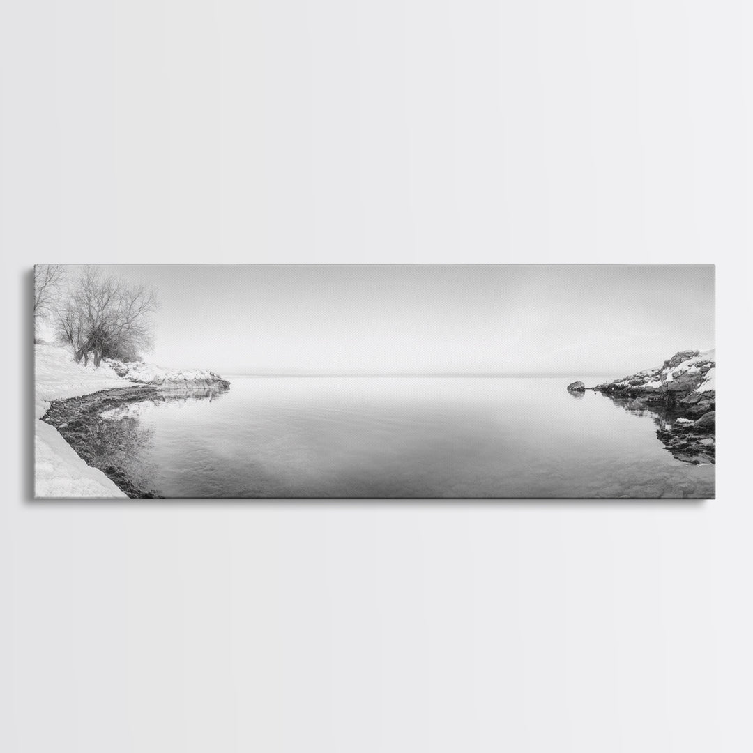 Winter Lake Reflection, Minimal Snow Scene, Bare Trees, Serene Water, Framed Canvas Print, Nordic Minimalist Art, Bedroom Wall Decor