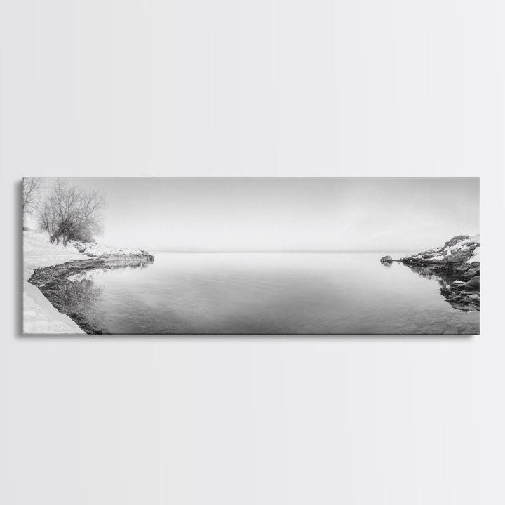Winter Lake Reflection, Minimal Snow Scene, Bare Trees, Serene Water, Framed Canvas Print, Nordic Minimalist Art, Bedroom Wall Decor