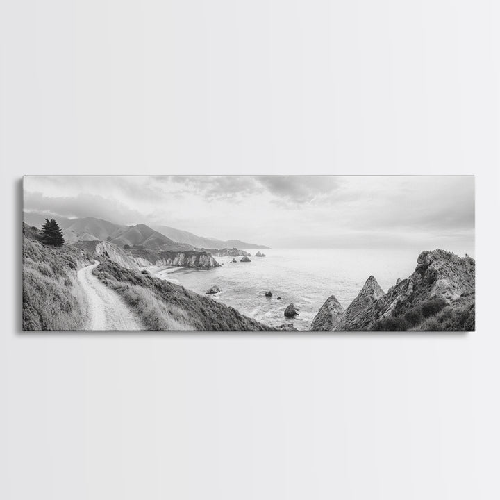 Coastal Trail View, Mountain Seascape, Minimalist Beach Path, Framed Canvas Print, Serene Landscape, Living Room Wall Art, Nature Decor