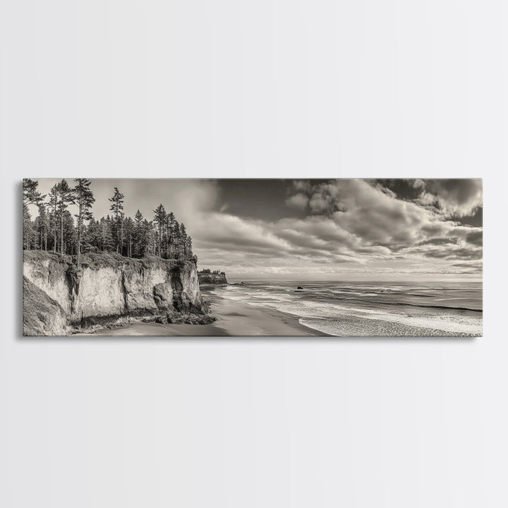 Cliffside Forest, Pacific Coastline, Dramatic Ocean View, Framed Canvas Print, Natural Landscape, Cabin Wall Art, Rustic Coastal Decor