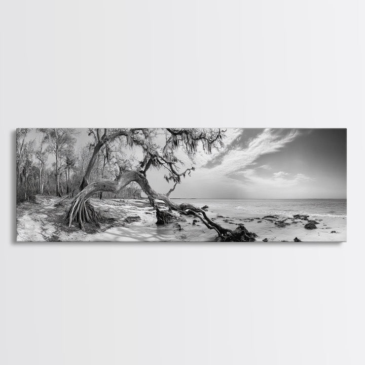 Bending Tree Beach, Windswept Coastal Scene, Dune Forest, Canvas Print, Monochrome Minimalist Art, Boho Bedroom Decor, Ocean Tones