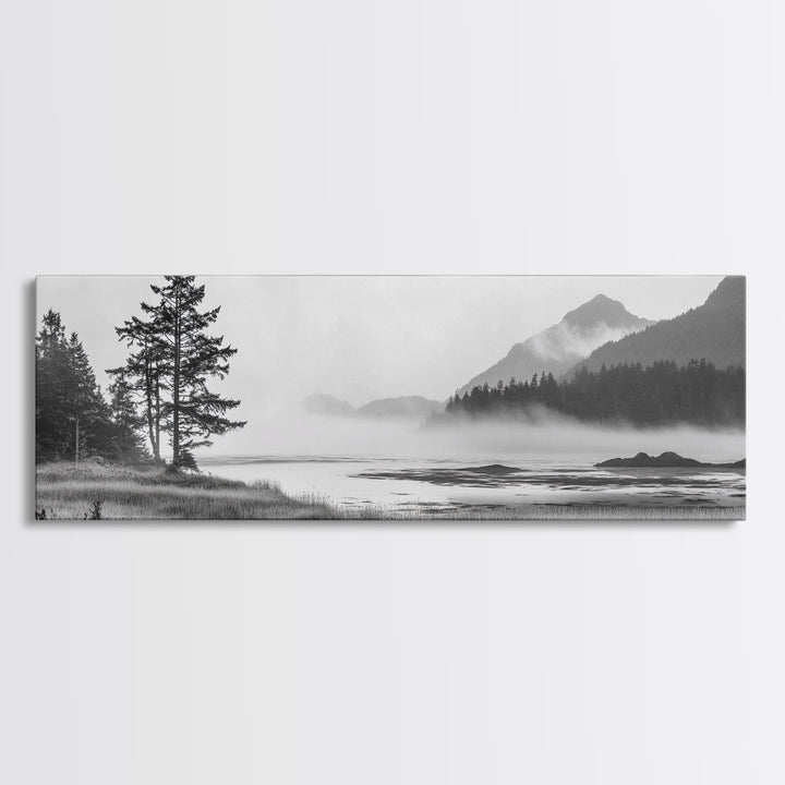 Foggy River Valley, Evergreen Mountains, Morning Mist Landscape, Framed Canvas Print, Tranquil Bedroom Art, Nature Inspired Decor