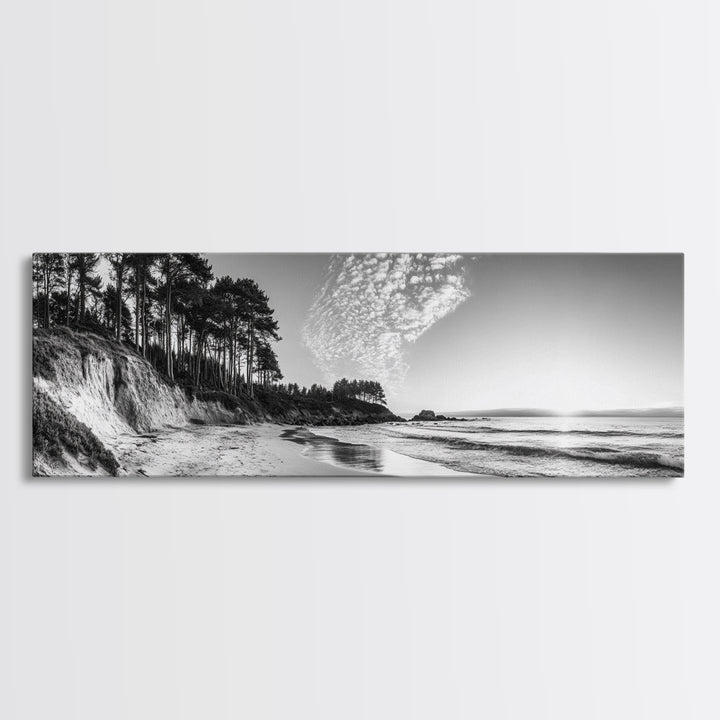 Forest Edge Beach, Coastal Sandscape, Sunset Sky, Canvas Print, Black and White Landscape, Coastal Living Room Art, Natural Vibes