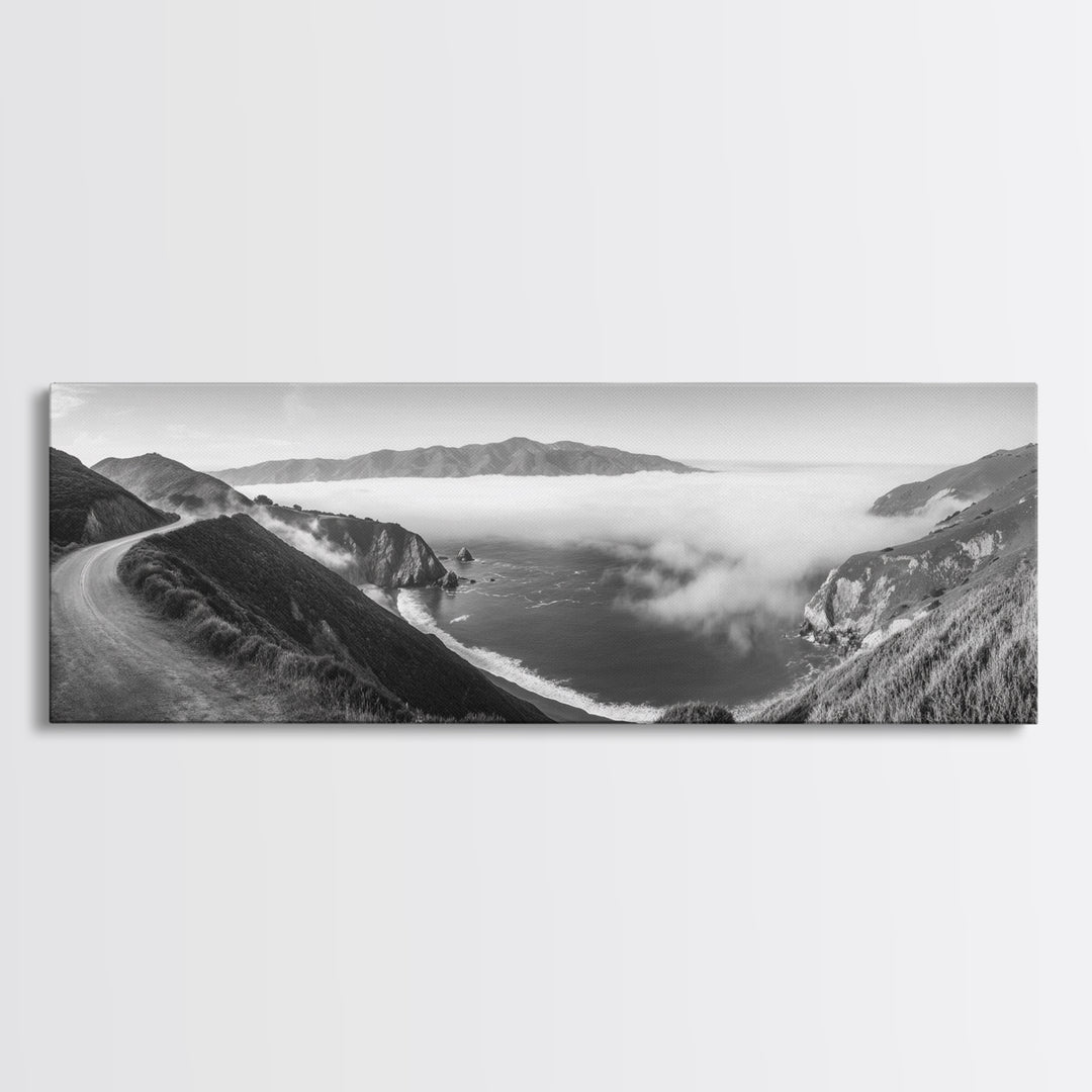 Mountain Road, Foggy Ocean View, Cliffside Drive, Framed Canvas Print, Scenic Wall Decor, Travel Photography, Modern Minimalist Art