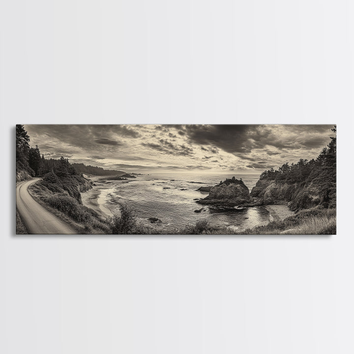 Coastal Road, Ocean Sunset, Rocky Shoreline, Framed Canvas Print, Moody Landscape Photography, Living Room Wall Art, Rustic Nature Decor