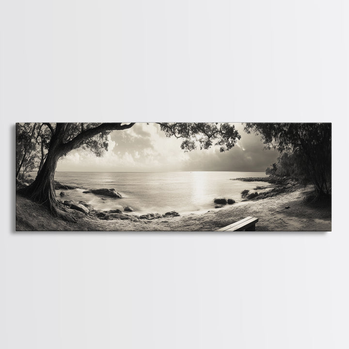 Serene Bench, Ocean View, Tropical Shoreline, Framed Canvas Print, Tranquil Beach Art, Entryway Decor, Nature Photography Wall Art