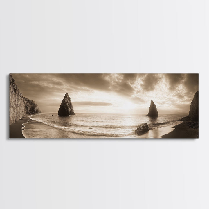 Seaside Cliffs, Ocean Rocks, Dramatic Sunset, Framed Canvas Print, Coastal Landscape Photography, Bedroom Wall Art, Fall Nature Decor