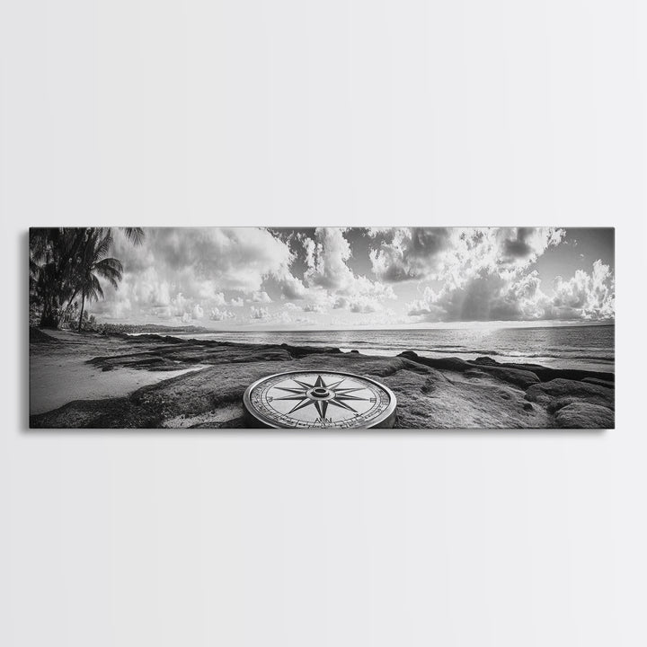 Compass Rose, Ocean Horizon, Palm Trees, Canvas Print, Nautical Beach Art, Boho Living Room Wall Art, Black and White Coastal Decor